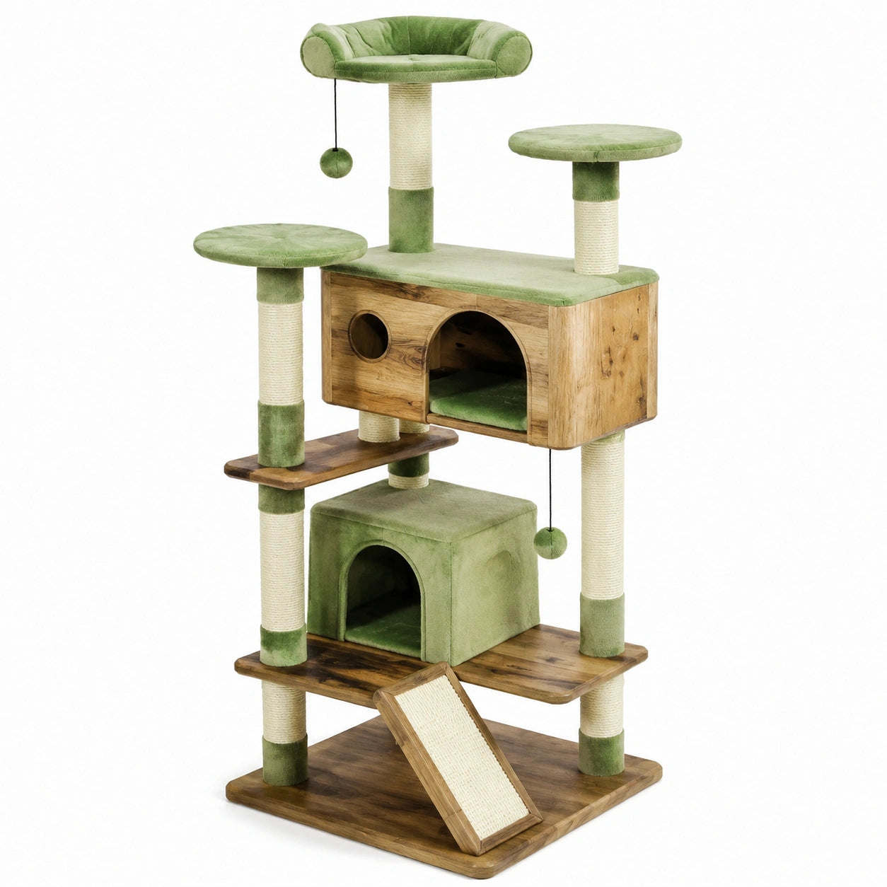 Arbre à chat en bois avec coussins en velours verts, 150 cm