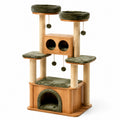 Arbre à chat en bois et sisal avec nichoir et jouets, vert olive, 145cm