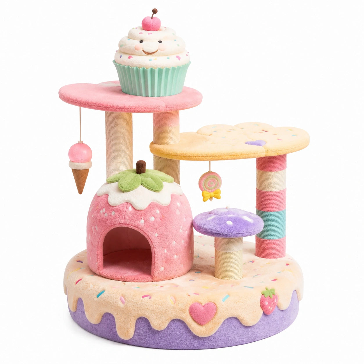 Arbre à chat en peluche et sisal multicolore, 60 cm, design de gâteau