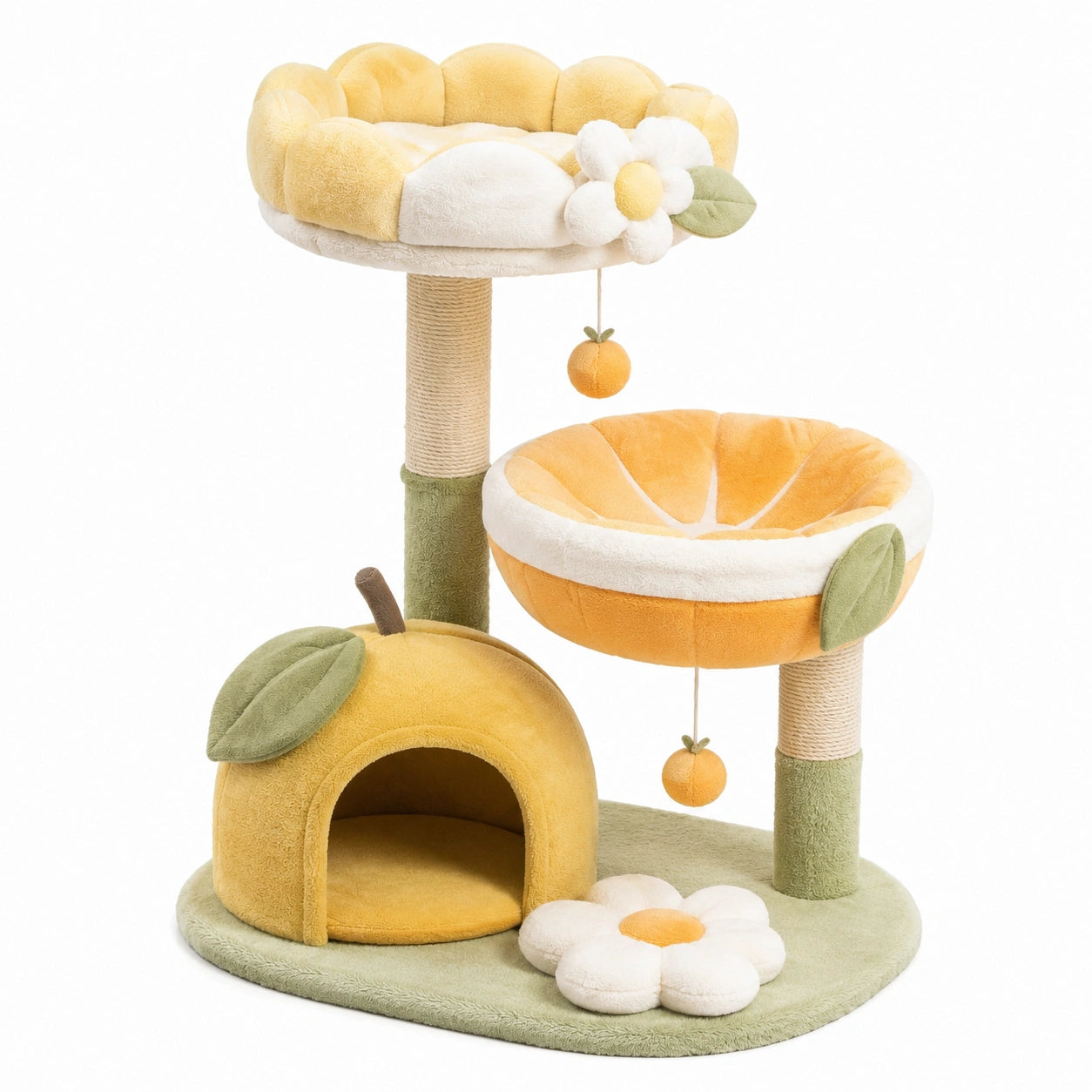 Arbre à chat en bois et peluche jaune, orange et vert à deux niveaux