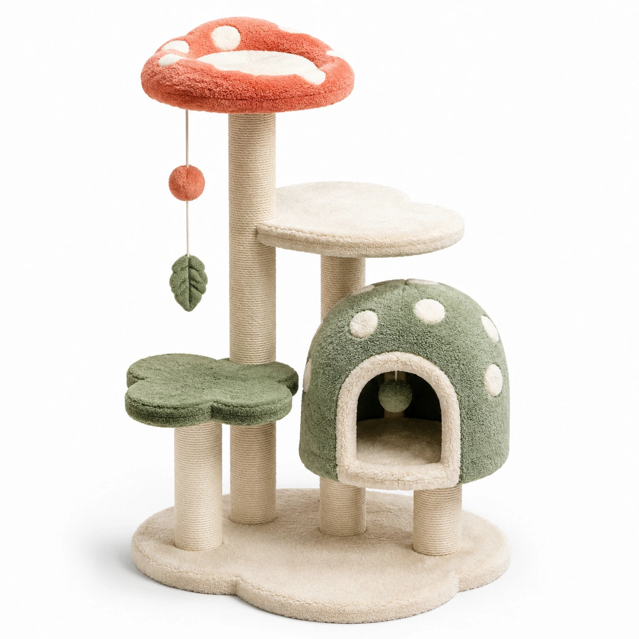 Arbre à chat en bois et peluche beige, rouge et vert 120 cm
