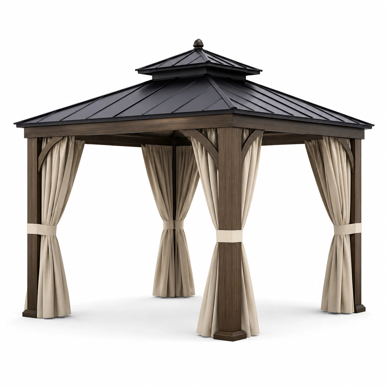 Pavillon en Bois et Métal avec Rideaux en Polyester