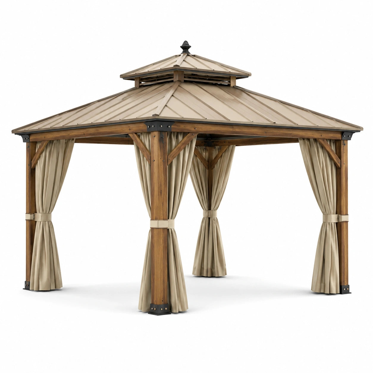 Pavillon en Bois et Acier avec Toit Double et Rideaux Amovibles 3x3 m