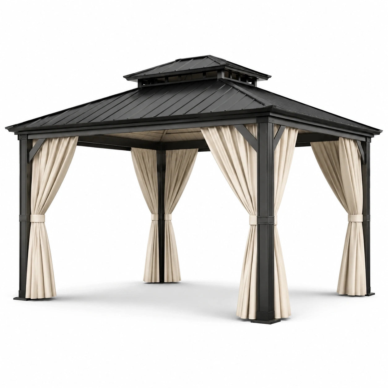 Pavillon en métal noir avec rideaux en polyester beige