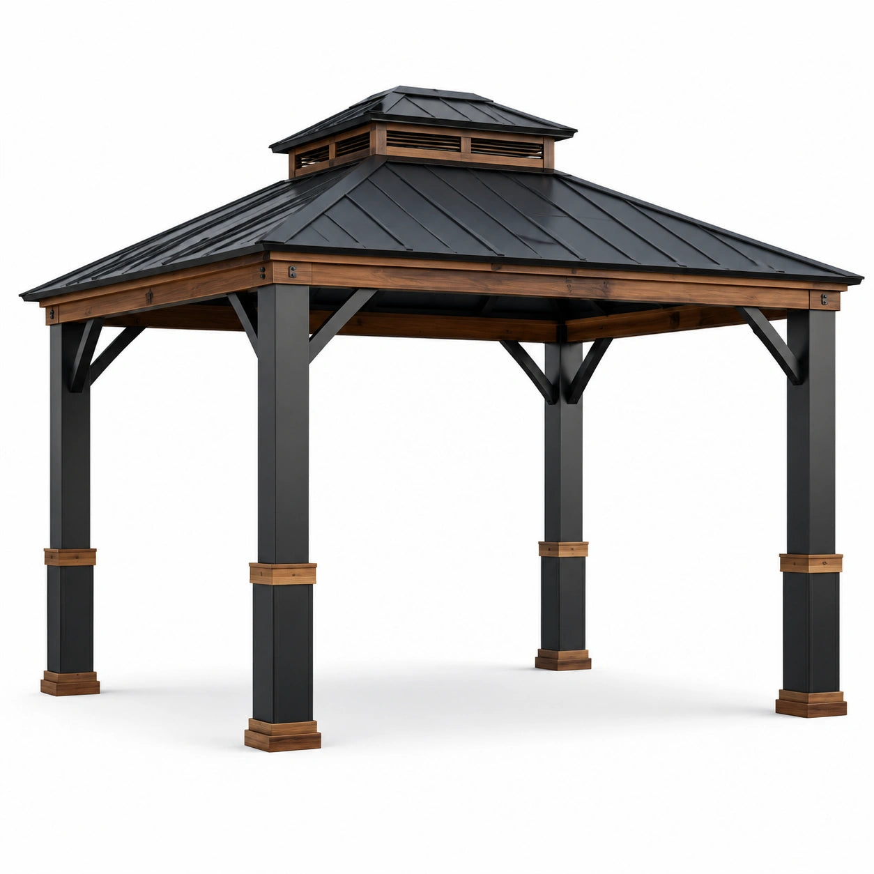 Pavillon en bois et acier avec toit en métal noir
