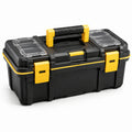 Boîte à outils en plastique noir et jaune avec compartiments transparents