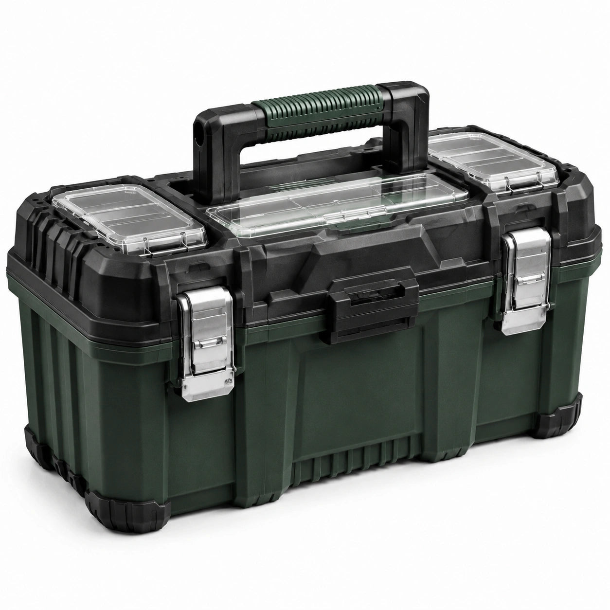 Boîte à outils en plastique avec couvercle transparent et clips en acier