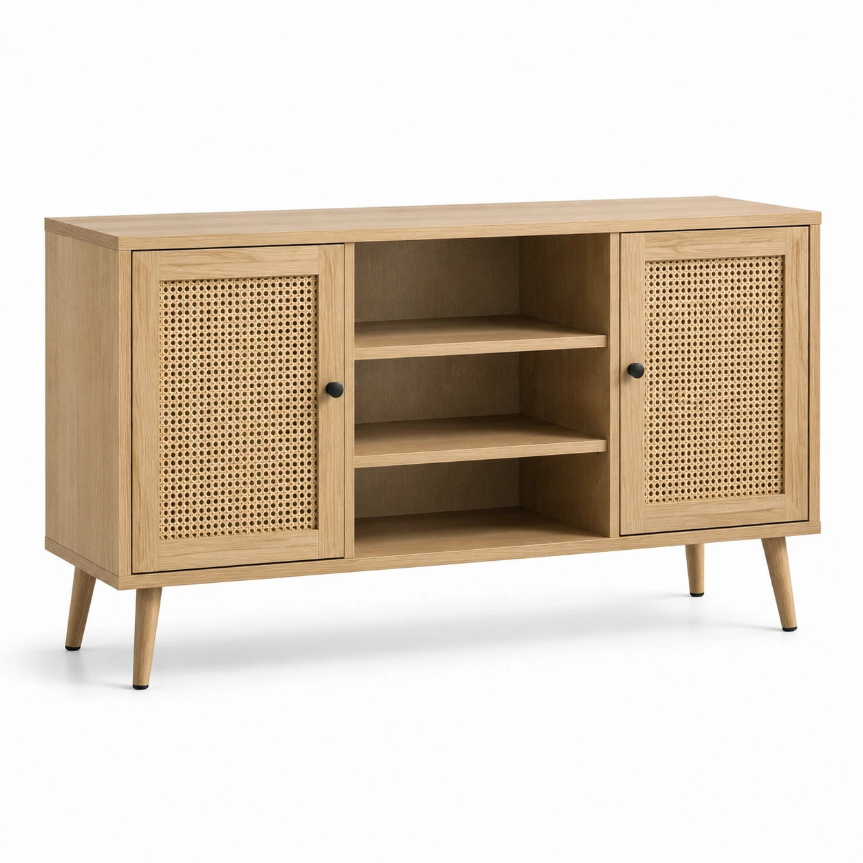 Buffet en bois de chêne avec portes en rotin