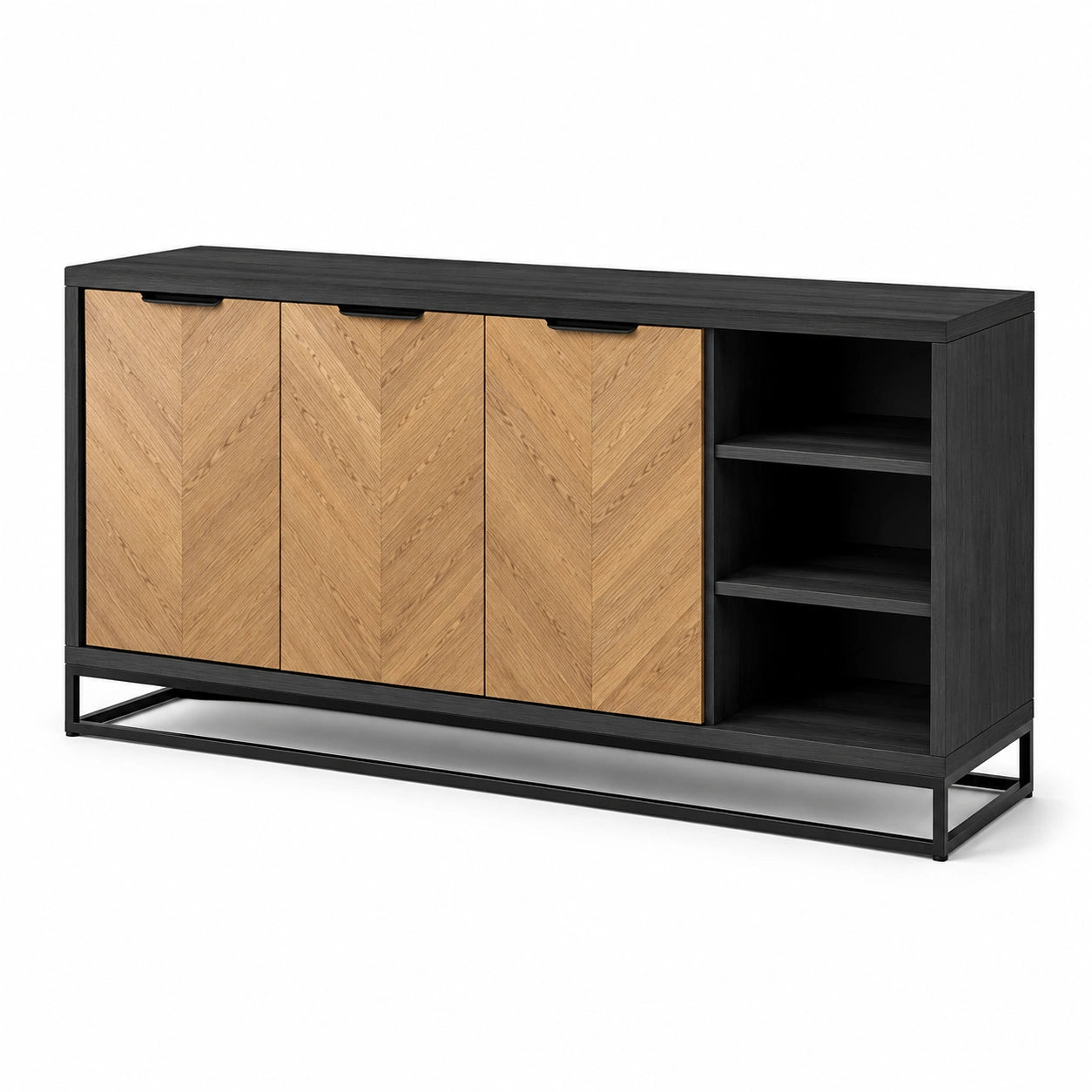Buffet en bois et métal avec motif chevron noir et naturel