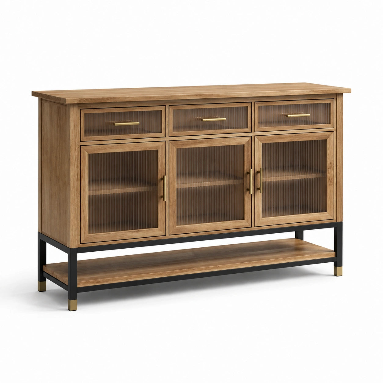 Buffet en bois de chêne avec portes en verre rainuré et pieds en métal, 150x40x90 cm