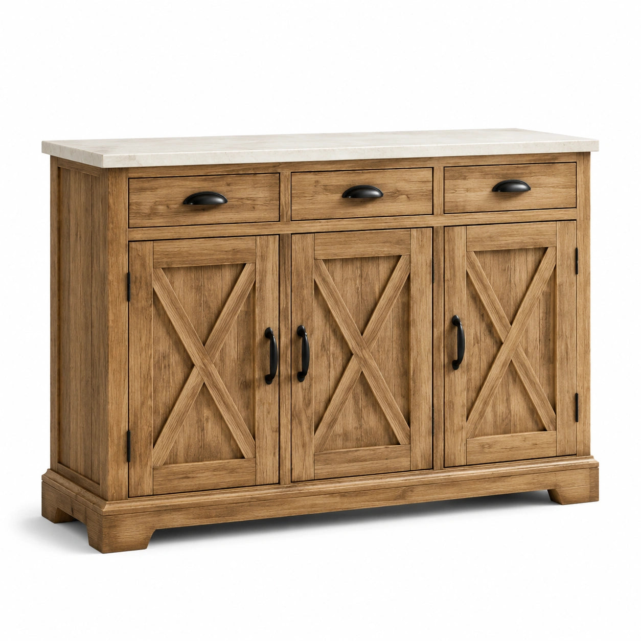 Buffet en bois de chêne avec plateau en marbre, 3 tiroirs et 4 portes
