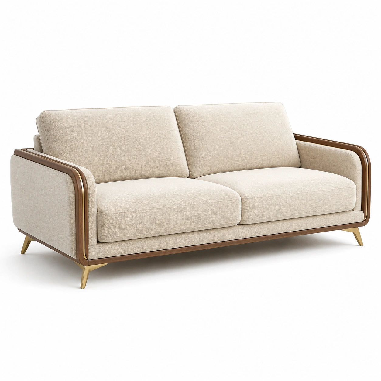 Canapé 2 places en tissu beige avec structure en bois et pieds métalliques
