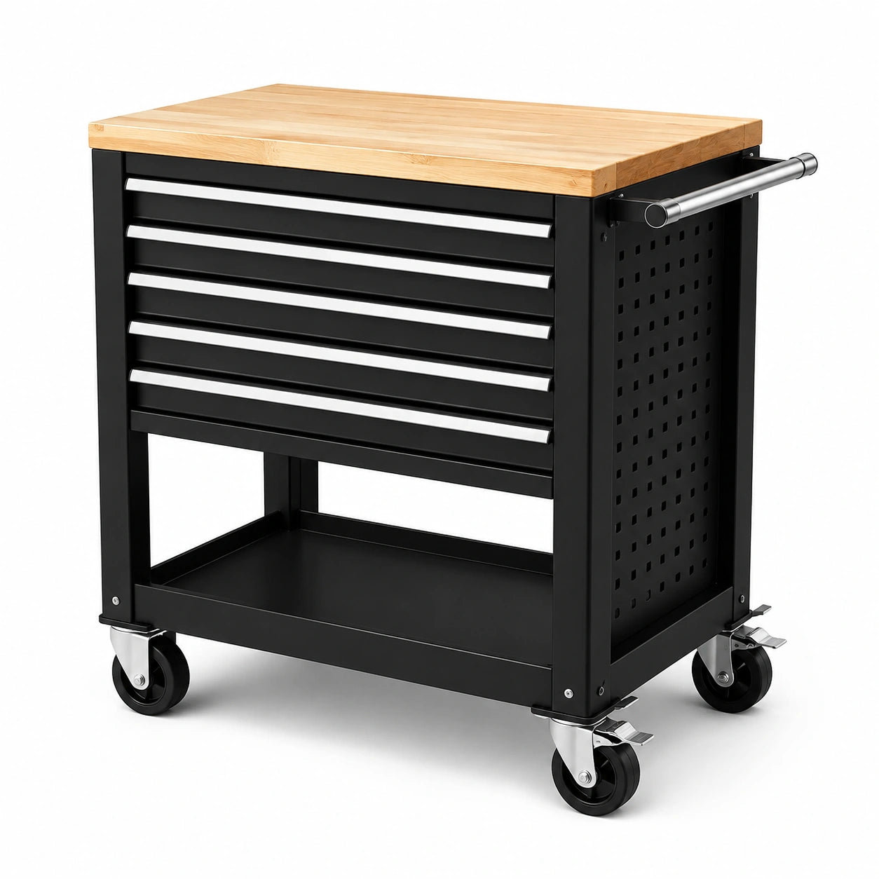 Chariot d'atelier en métal noir avec plateau en bois