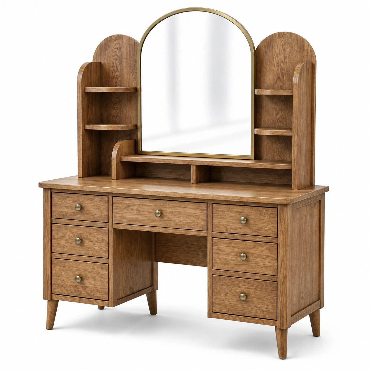 Coiffeuse en bois clair avec miroir ovale et tiroirs