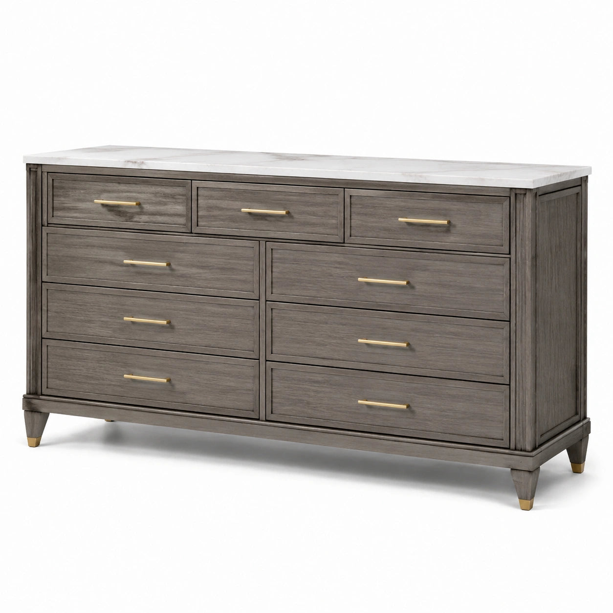 Commode en bois avec plateau en marbre et dix tiroirs