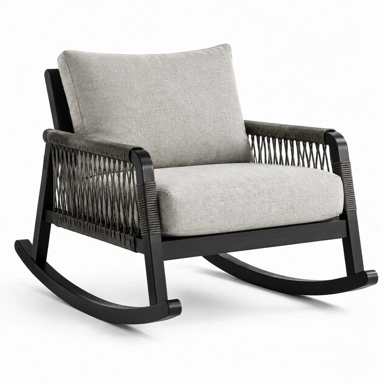 Fauteuil à bascule en bois et corde avec coussins en polyester gris