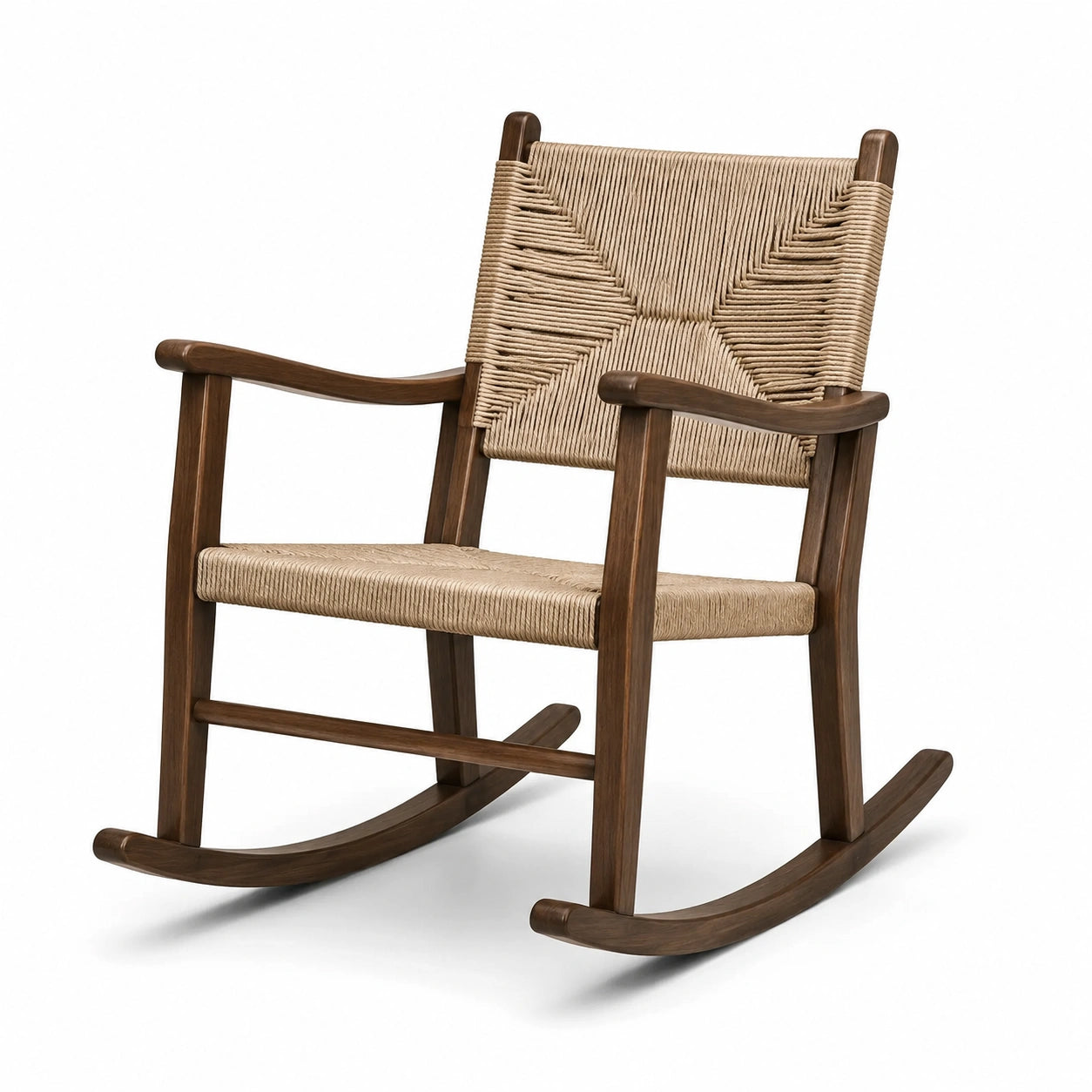 Chaise berçante en bois noyer et corde naturelle